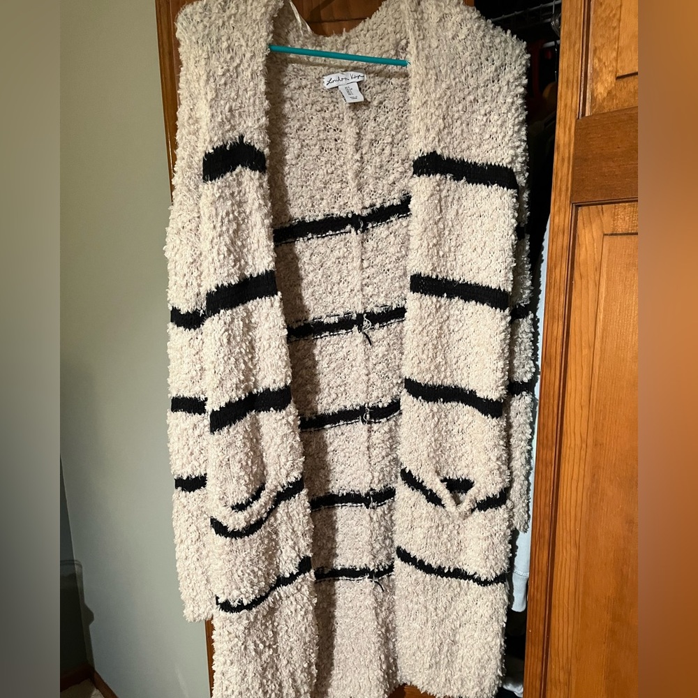 London kaye cream and black cardigan.